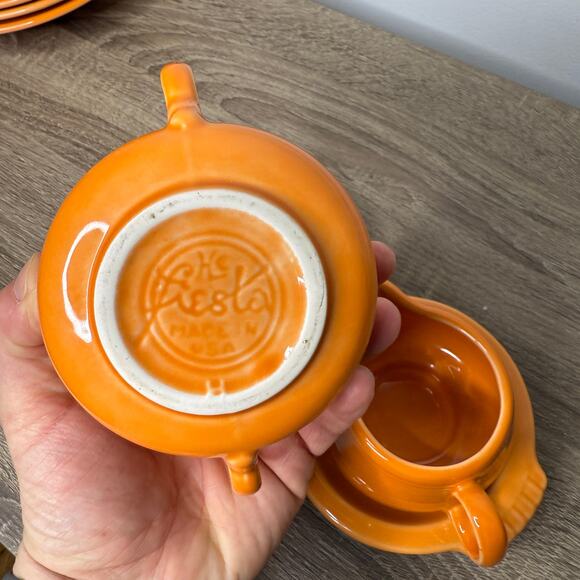 Fiesta Tangerine Sugar Bowl and Creamer Set with Tray Homer Laughlin RETIRED - Picture 4 of 6